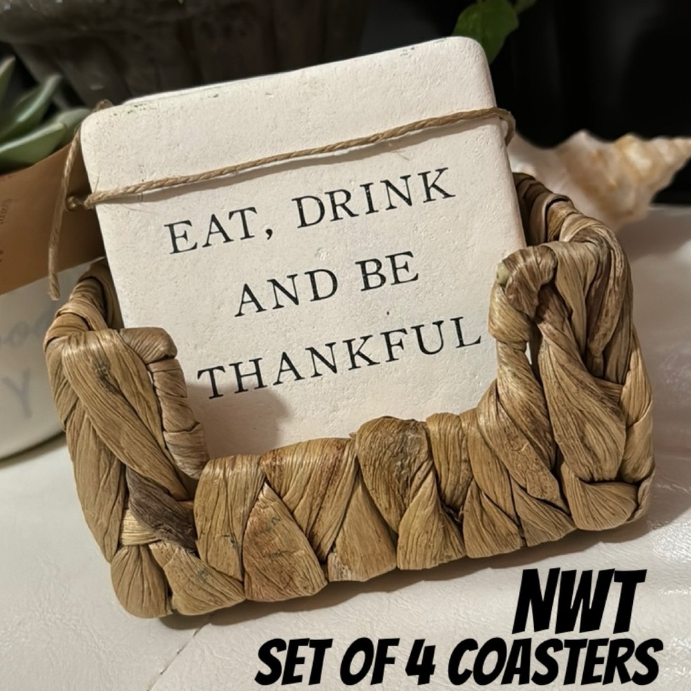 NWT Set of 4 Coasters-Ceramic/Limestone-Printed Phrase-Basket To Store In
